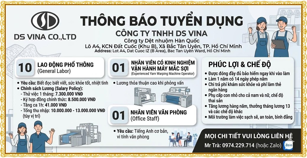 Tuyển dụng Việc làm tại KCN Đồng An Bình Dương lương cao cập nhật mới ngày 01 tháng 09 năm 2026