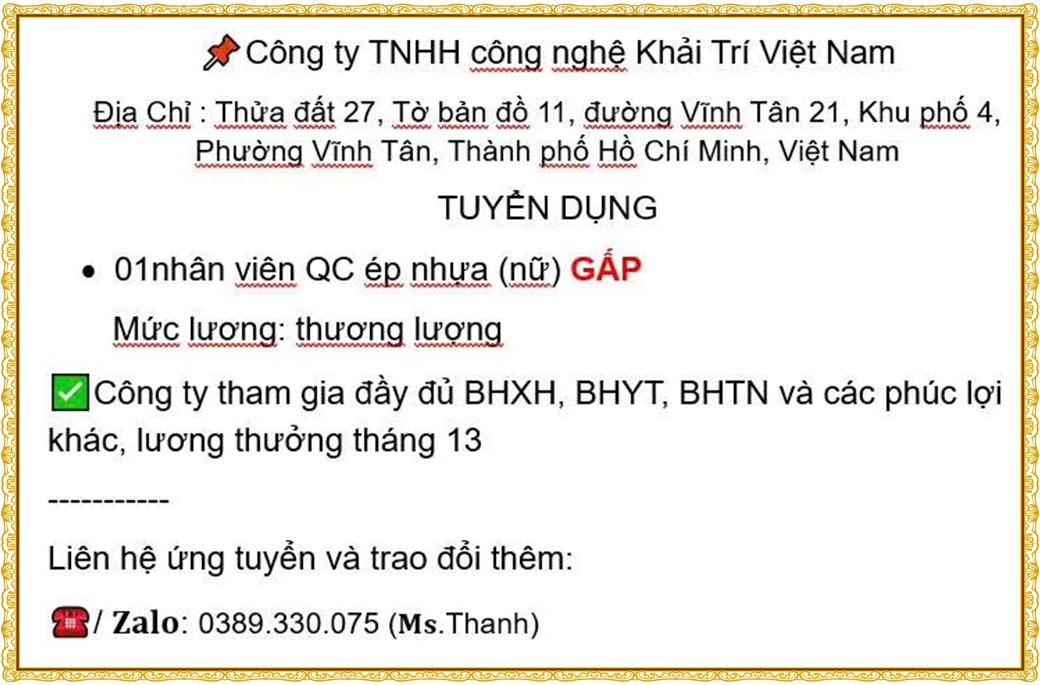Tuyển dụng Việc làm tại KCN Đại Đăng Bình Dương lương cao cập nhật mới ngày 01 tháng 09 năm 2026