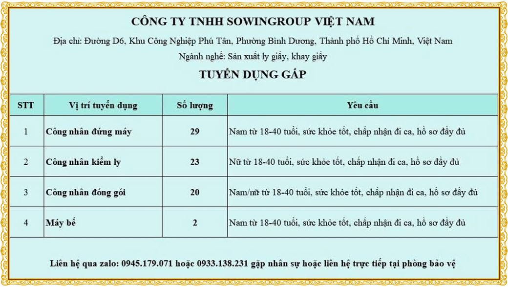 Tuyển dụng Việc làm tại KCN Sóng Thần Bình Dương lương cao cập nhật mới ngày 01 tháng 10 năm 2026