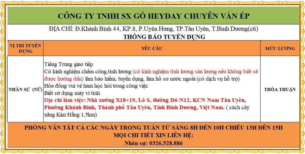Tuyển dụng Việc làm tại KCN Việt Hương Bình Dương lương cao cập nhật mới ngày 03 tháng 08 năm 2026