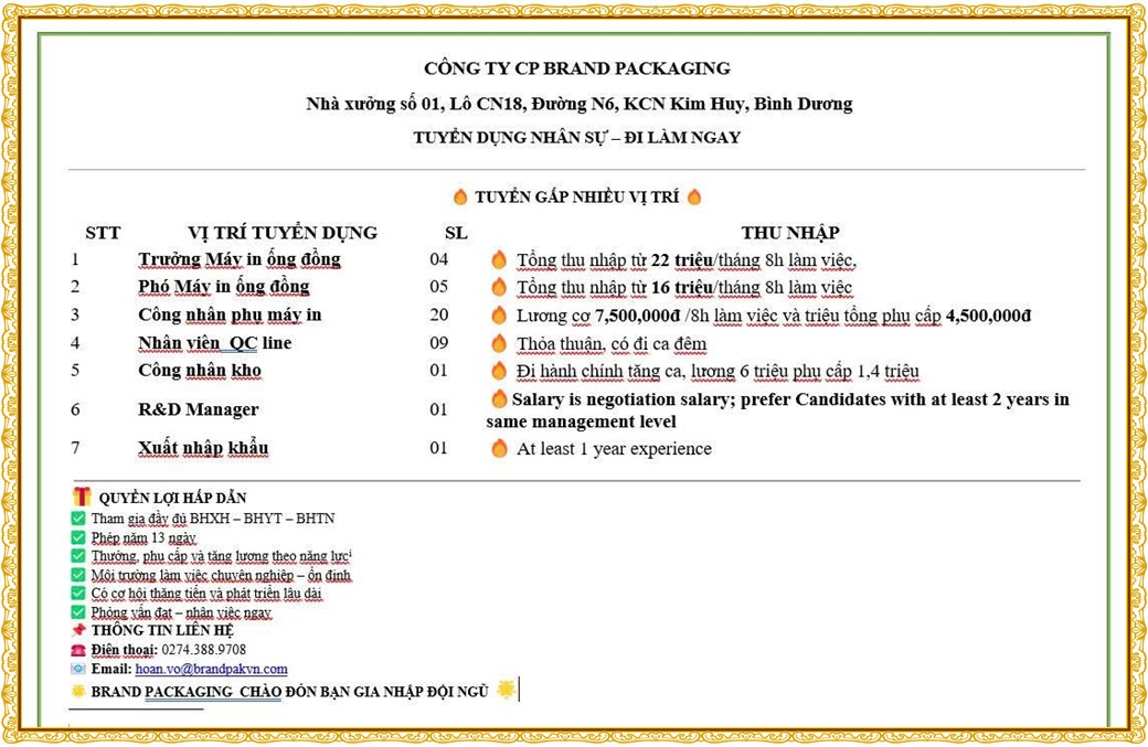 Tuyển dụng Việc làm tại KCN Rạch Bắp Bình Dương lương cao cập nhật mới ngày 06 tháng 07 năm 2026
