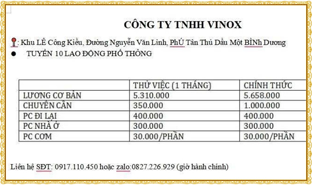 Tuyển dụng Việc làm tại KCN Đồng An Bình Dương lương cao cập nhật mới ngày 10 tháng 10 năm 2026