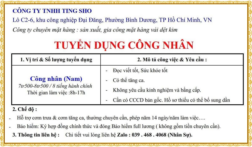 Tuyển dụng Việc làm tại KCN Việt Hương Bình Dương lương cao cập nhật mới ngày 09 tháng 07 năm 2026