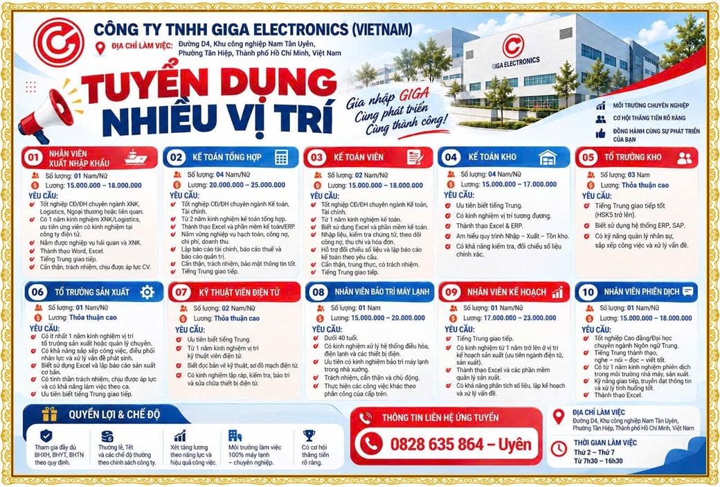 Tuyển dụng Việc làm tại KCN Việt Hương Bình Dương lương cao cập nhật mới ngày 09 tháng 10 năm 2026