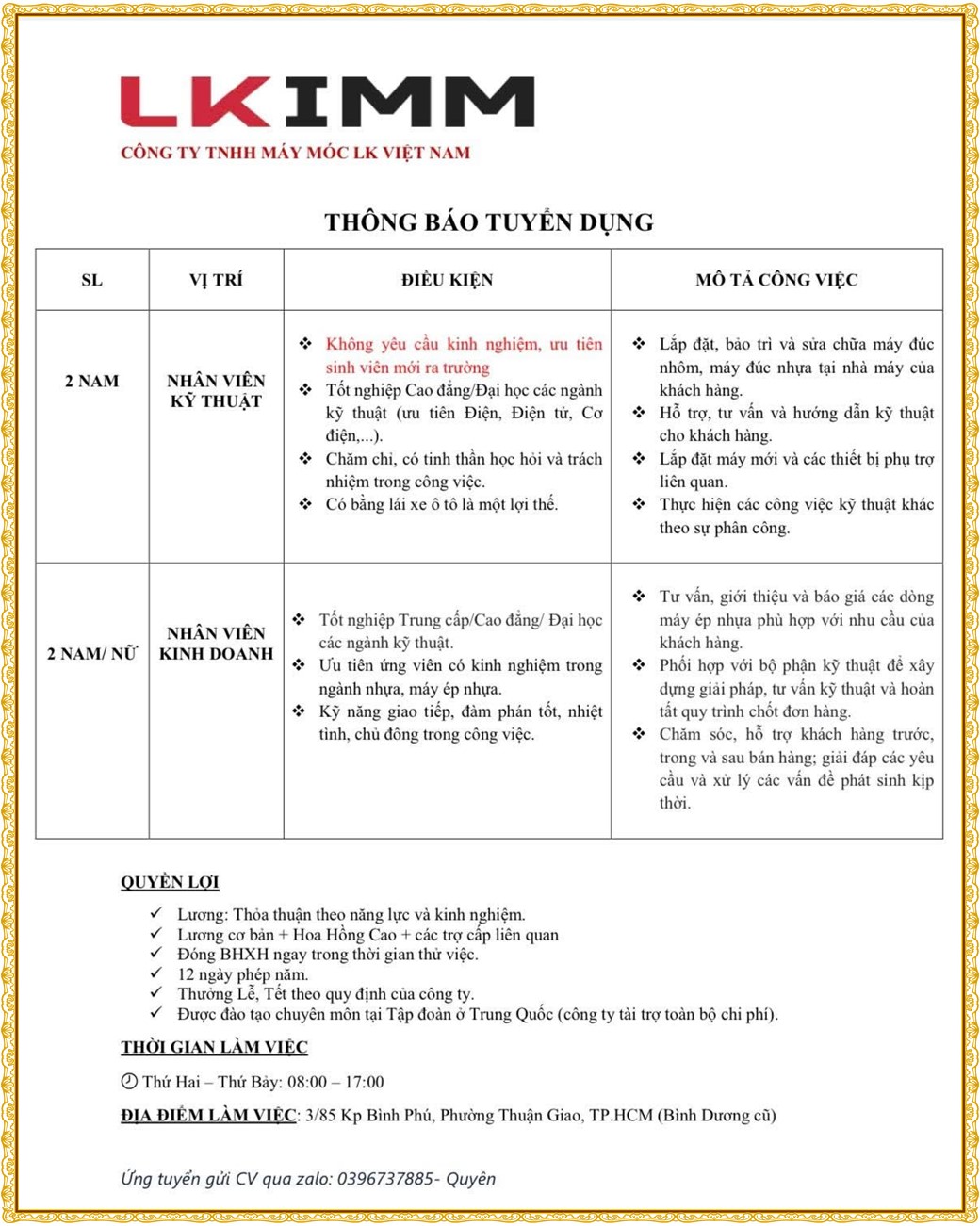 Tuyển dụng Việc làm tại KCN Đại Đăng Bình Dương lương cao cập nhật mới ngày 11 tháng 09 năm 2026