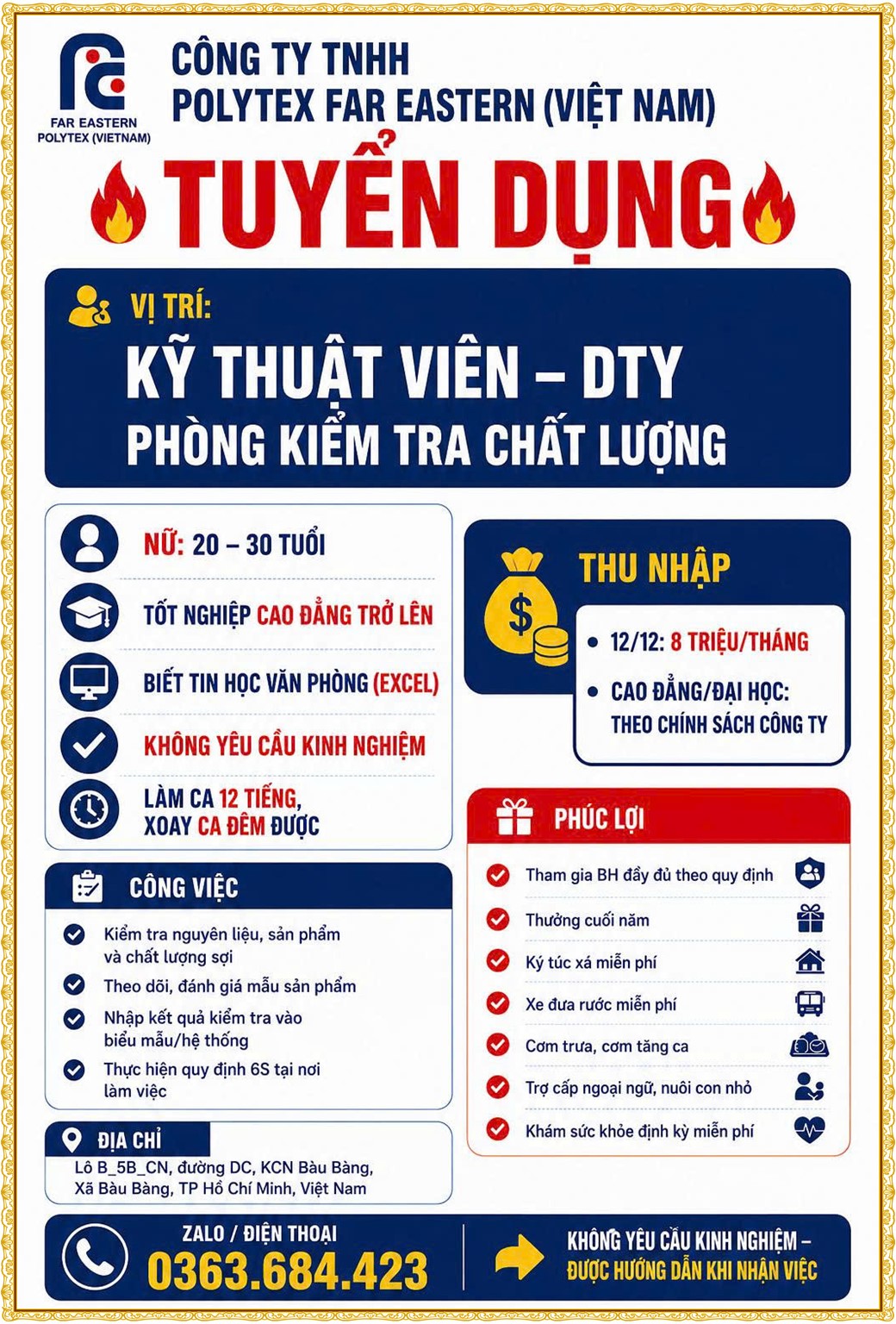 Tuyển dụng Việc làm tại KCN Nam Tân Uyên Bình Dương lương cao cập nhật mới ngày 12 tháng 10 năm 2026