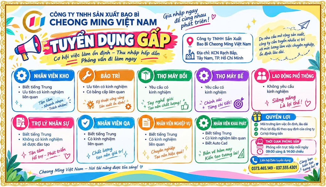 Tuyển dụng Việc làm tại KCN Việt Hương Bình Dương lương cao cập nhật mới ngày 14 tháng 10 năm 2026