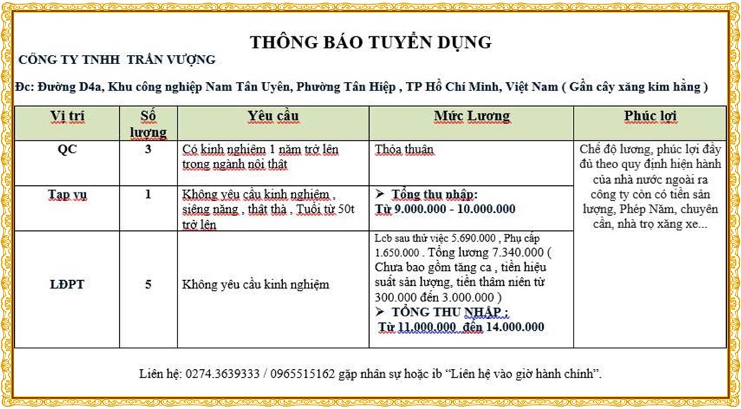 Tuyển dụng Việc làm tại KCN Việt Hương Bình Dương lương cao cập nhật mới ngày 22 tháng 07 năm 2026