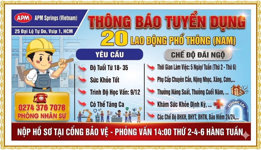 Tuyển dụng Việc làm tại KCN Việt Nam Singapore VSIP II Bình Dương lương cao cập nhật mới ngày 27 tháng 07 năm 2026