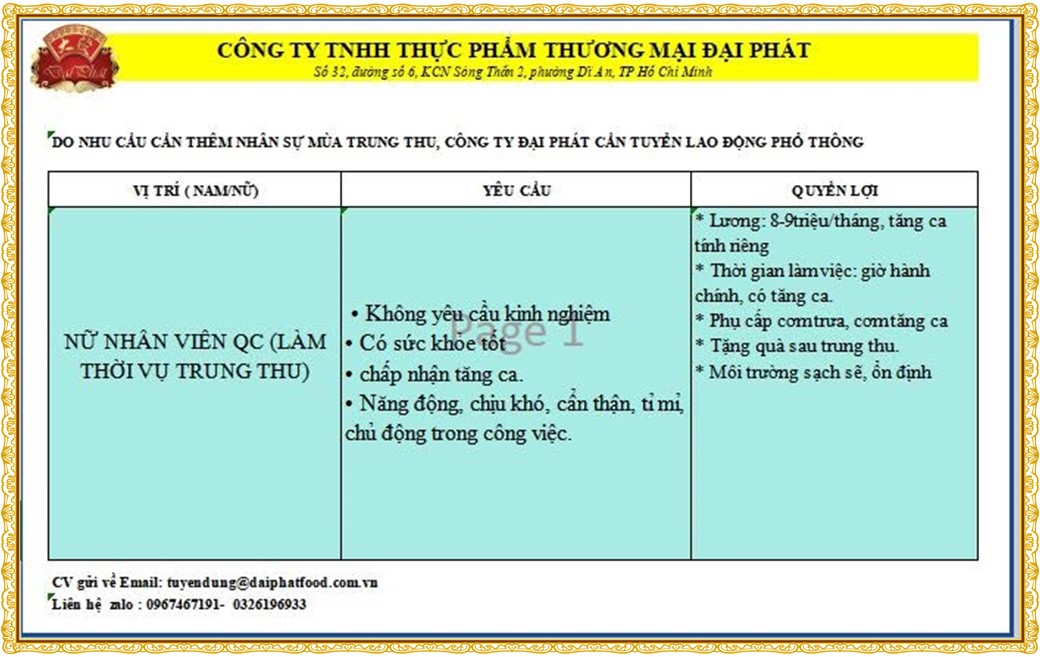 Tuyển dụng Việc làm tại KCN Đại Đăng Bình Dương lương cao cập nhật mới ngày 27 tháng 07 năm 2026
