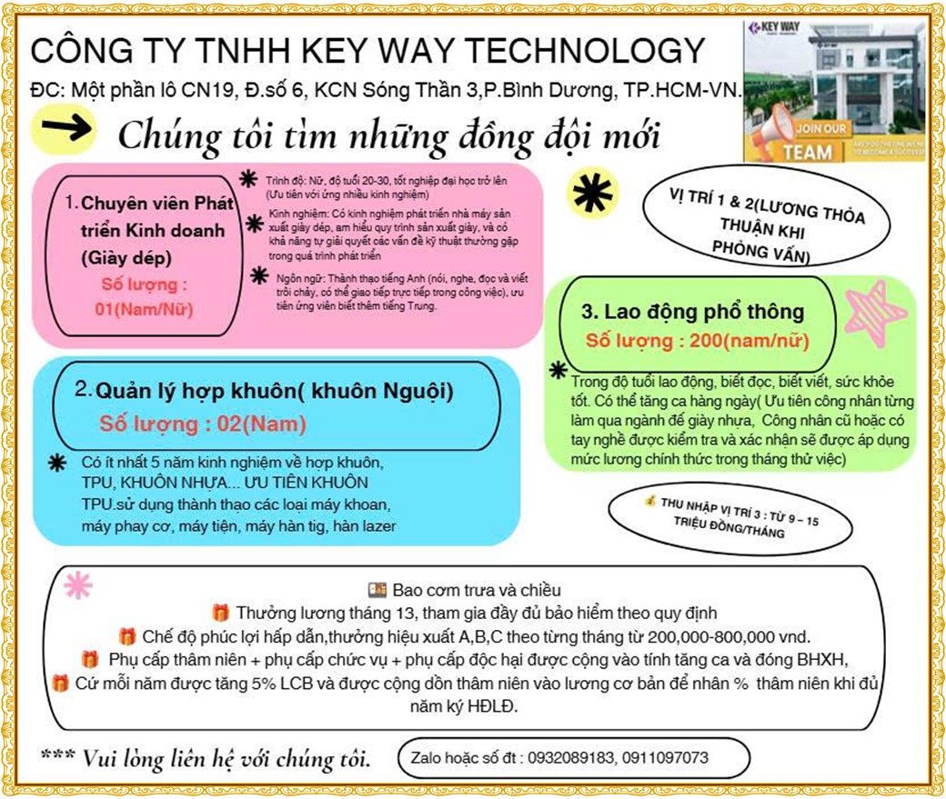 Tuyển dụng Việc làm tại KCN Đại Đăng Bình Dương lương cao cập nhật mới ngày 28 tháng 07 năm 2026