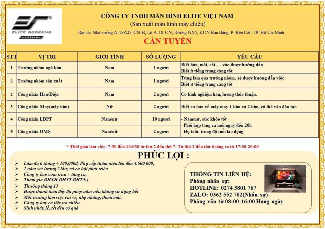 Tuyển dụng Việc làm tại KCN Đồng An Bình Dương lương cao cập nhật mới ngày 29 tháng 09 năm 2026