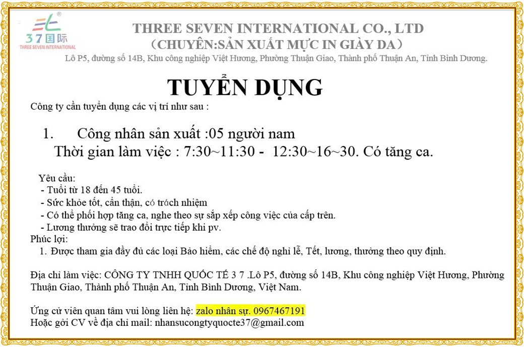Tuyển dụng Việc làm tại KCN Việt Hương Bình Dương lương cao cập nhật mới ngày 31 tháng 07 năm 2026